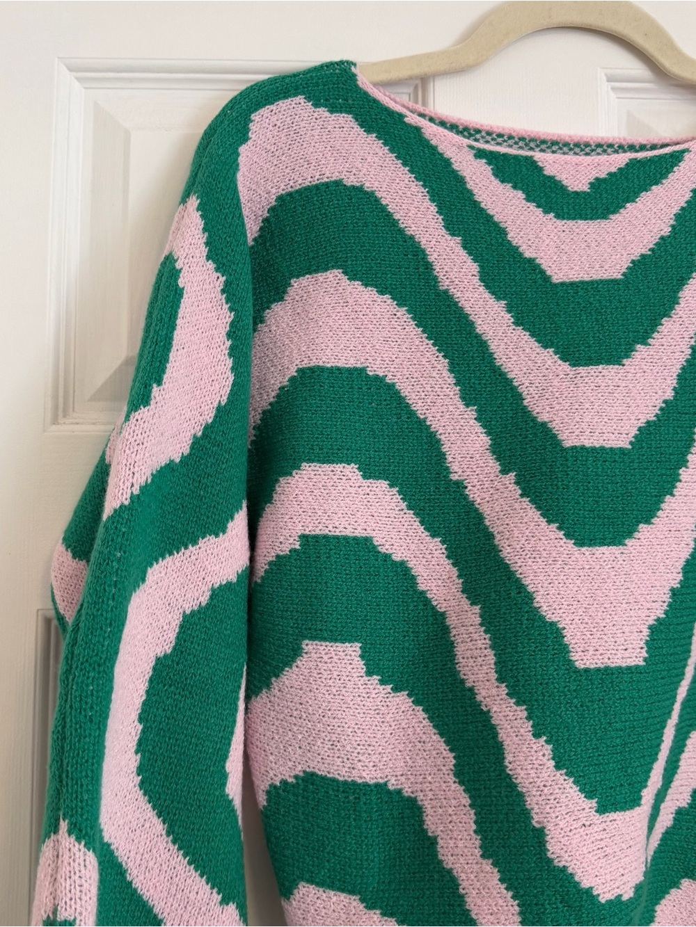 Pink Green Abstract Knit Sweater Large Balloon Sleeve Cropped Pullover - Picture 2 of 5
